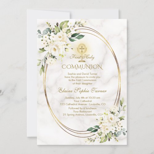 Charm White Flowers Marble Gold Holy Communion Invitation