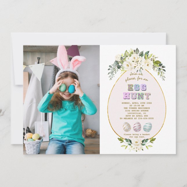 Charm White Flowers Photo Easter Egg Hunt Invitation (Front)