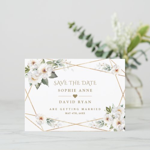 Charm White Flowers Rose Gold Wedding  Save The Date