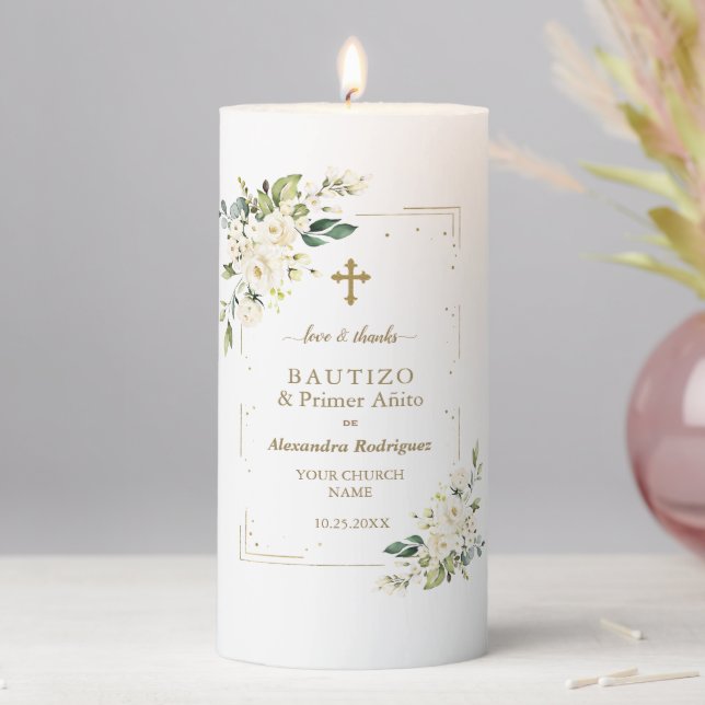 Charm White Flowers Spanish 1st Birthday Baptism  Pillar Candle (In Situ)