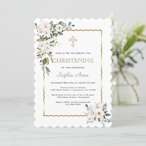 Charm White Lilies Rose Gold Girl Christening Invitation