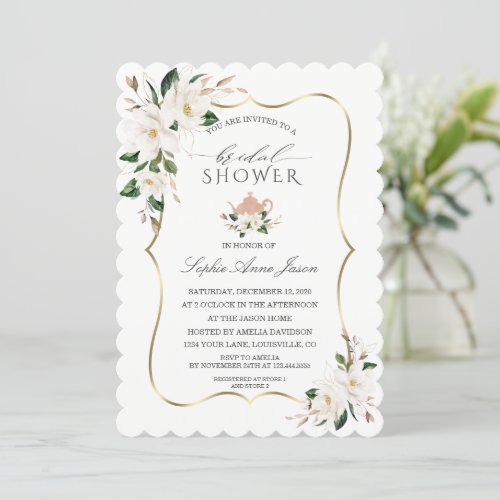 Charm White Magnolia Gold Floral Bridal Shower  Invitation