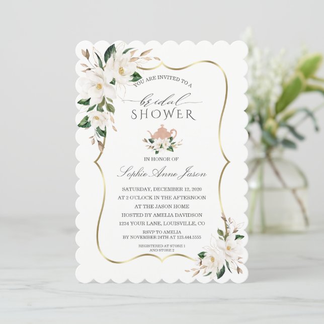 Charm White Magnolia Gold Floral Bridal Shower  Invitation (Standing Front)