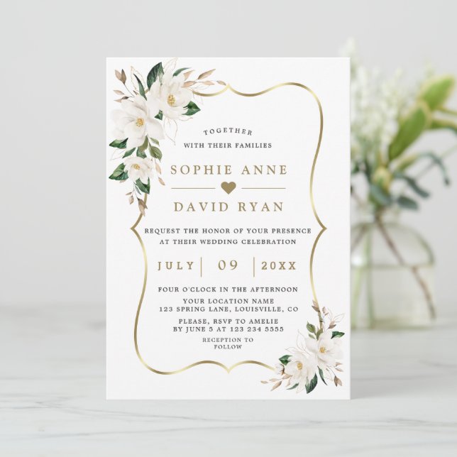 Charm White Magnolia Gold Floral Wedding  Invitation (Standing Front)