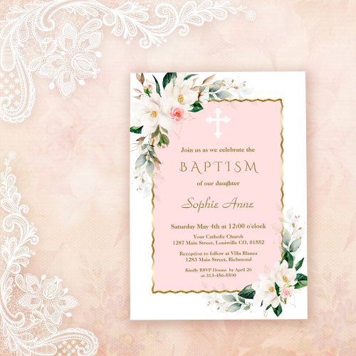 Charm White Magnolia Pink Gold Floral Baptism  Invitation