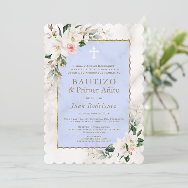 Charm White Magnolia Spanish 1st Birthday Baptism  Invitation (Standing Front)