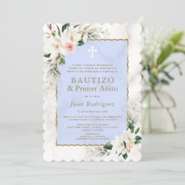 Charm White Magnolia Spanish 1st Birthday Baptism Invitation