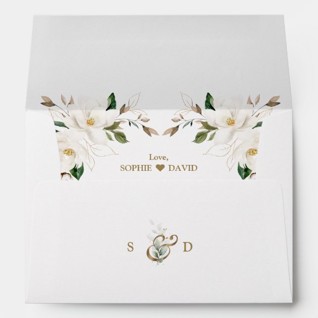 Charm White Magnolia Wedding Return Address   Envelope (Back (Bottom))