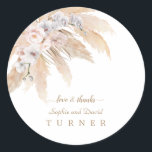 Charm White Orchid Blush Rose Pampas Grass Wedding Classic Round Sticker<br><div class="desc">Unique and elegant design featuring watercolour blush roses,  white orchid,  desert pampas dried leaves,  on a white background. Use Personalize tool to add your info. For matching items,  please,  visit my Pampas Grass Floral Collection.</div>