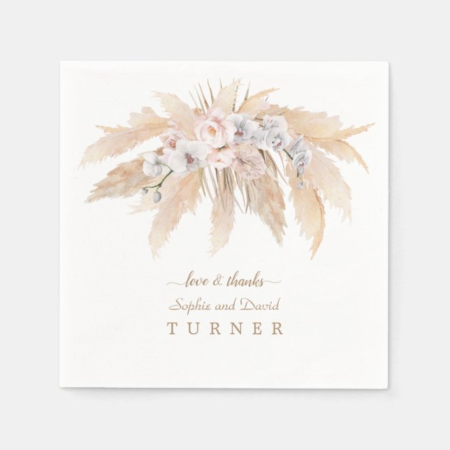 Charm White Orchid Blush Rose Pampas Grass Wedding Napkins (Front)