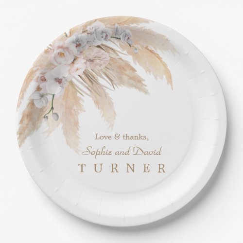 Charm White Orchid Blush Rose Pampas Grass Wedding Paper Plates