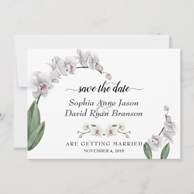 Charm White Orchid Wedding Calligraphy Save The Date (Front)