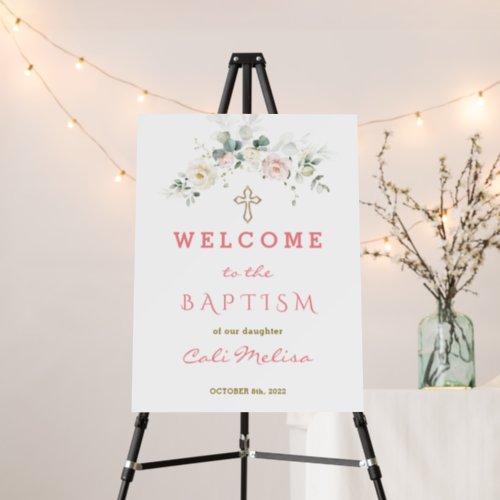 Charm White Pink Floral Girl Baptism Welcome Sign
