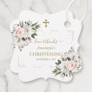 Charm White Pink Floral Gold Confetti Christening Favor Tags