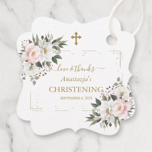 Charm White Pink Floral Gold Confetti Christening  Favor Tags