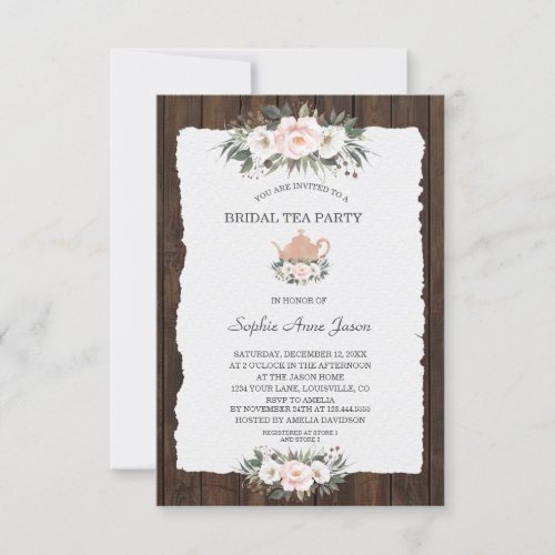 Charm White Pink Floral Wood Bridal Tea Party  Invitation