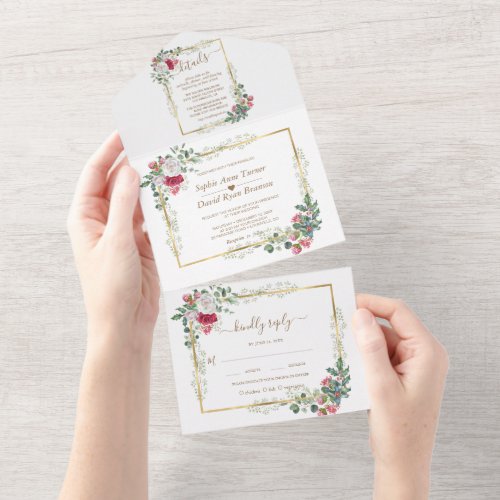 Charm White Red Floral Gold Christmas Wedding   All In One Invitation