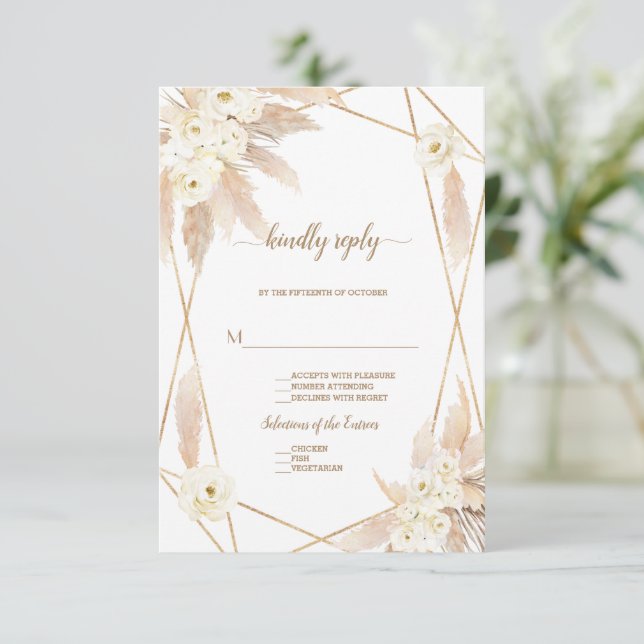 Charm White Roses Pampas Grass Gold Wedding RSVP Card (Standing Front)