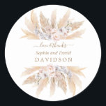 Charm White Roses Pampas Grass Wedding  Classic Round Sticker<br><div class="desc">Unique and elegant design featuring watercolour pink blush roses,  white orchid,  desert pampas grass dried leaves,  on a white background. Use Personalize tool to add your info. For matching items,  please,  visit my Pampas Grass Floral Collection.</div>