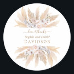 Charm White Roses Pampas Grass Wedding  Classic Round Sticker<br><div class="desc">Unique and elegant design featuring watercolour pink blush roses,  white orchid,  desert pampas grass dried leaves,  on a white background. Use Personalize tool to add your info. For matching items,  please,  visit my Pampas Grass Floral Collection.</div>