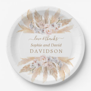 Charm White Roses Pampas Grass Wedding  Paper Plates