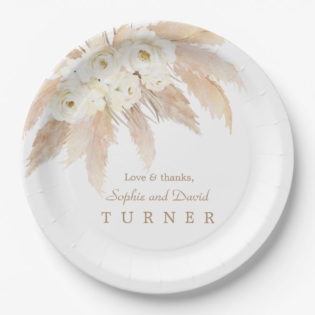 Charm White Roses Pampas Grass Wedding Paper Plates (Front)