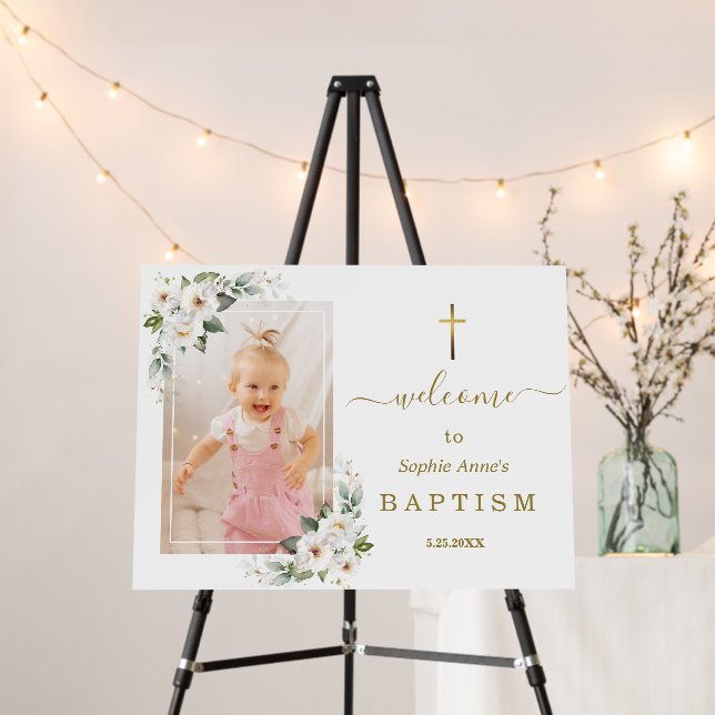 Charm White Wild Roses Photo Baptism Welcome Sign (In Situ (Stand))