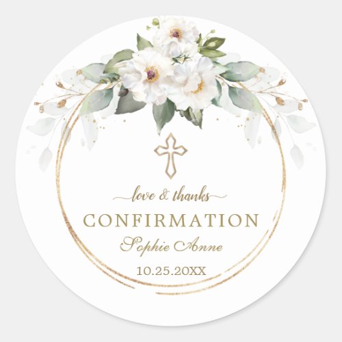 Charm Wild White Roses Gold Cross Confirmation   Classic Round Sticker
