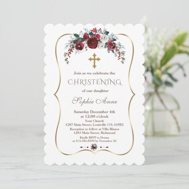 Charm Winter Burgundy Floral Pine Gold Christening Invitation (Standing Front)