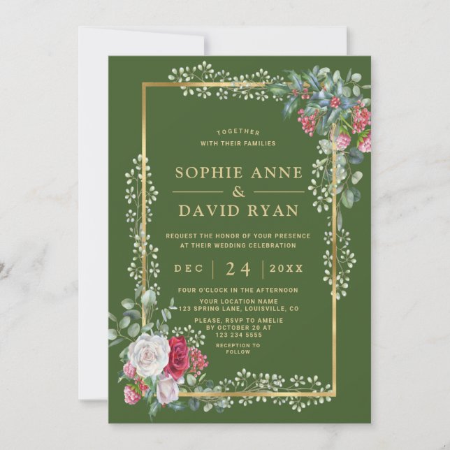 Charm Winter White Red Floral Green Gold Wedding Invitation (Front)