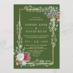 Charm Winter White Red Floral Green Gold Wedding Invitation
