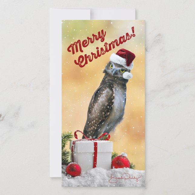 Charming 4x8 inch FLAT Christmas card with owl (Front)