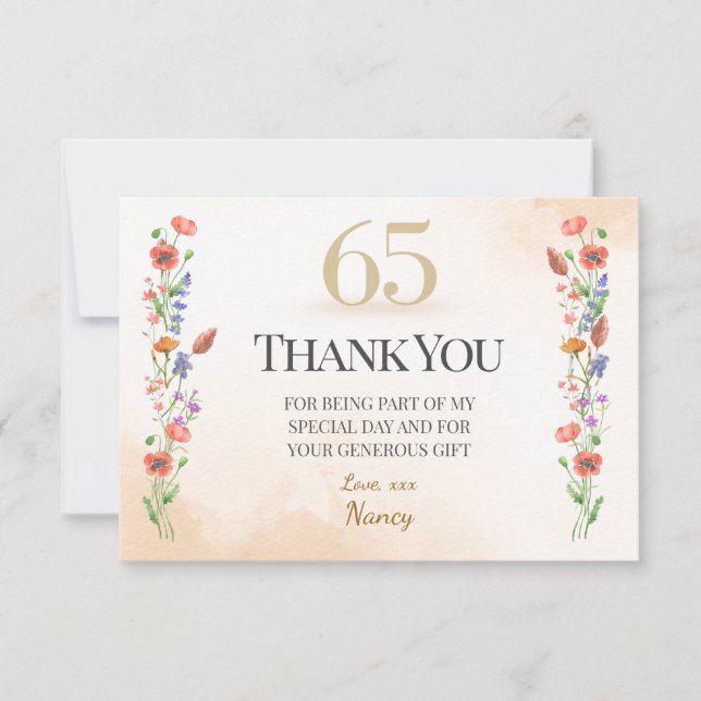 Charming 65th Birthday – Wildflower Design Thank You Card (Front)