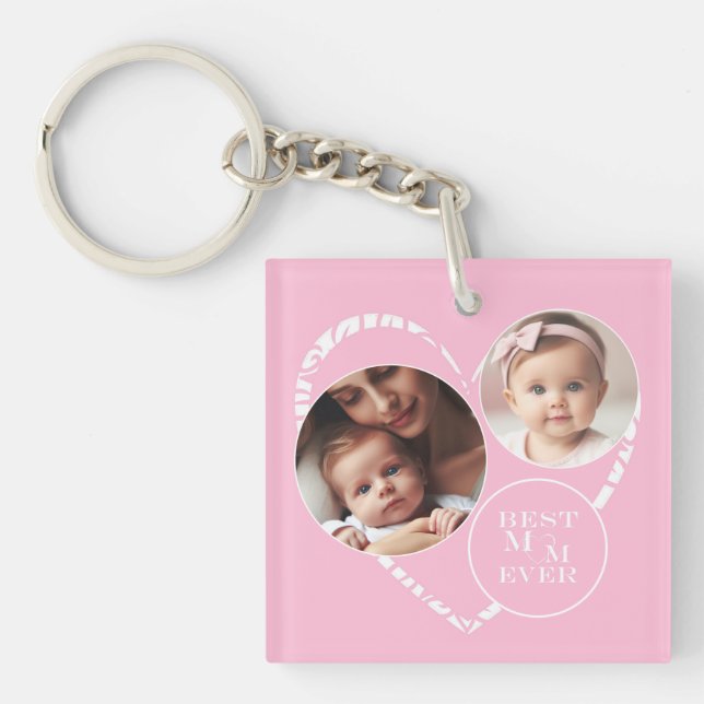 Charming 6-Photo "Best Mom Ever" Pink, White Heart Keychain (Front)