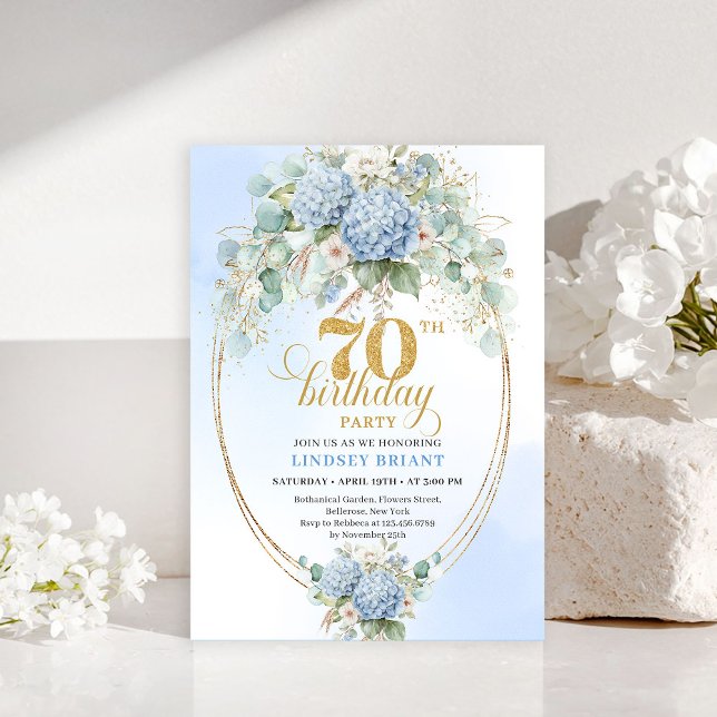 Charming 70th Birthday Blue Hydrangea Eucalyptus  Invitation (Charming 70th Birthday Blue Hydrangea Eucalyptus Invite)