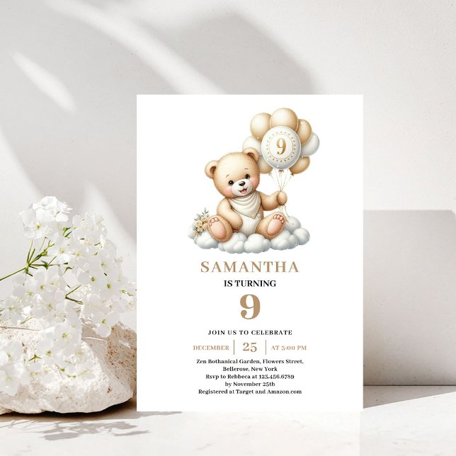 Charming 9th Birthday Teddy Bear Gold Balloons Invitation (Charming 10th Birthday Teddy Bear Gold Balloons)