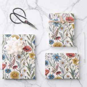 Charming Abstract Wildflowers Blue Pink Yellow Wrapping Paper Sheets