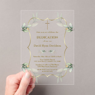 Charming Airy Greenery Gold Cross Dedication Acrylic Invitations