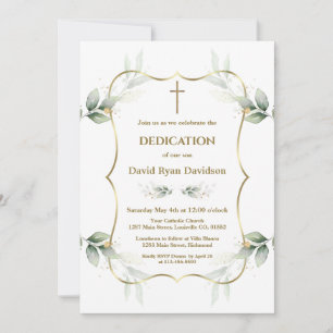 Charming Airy Greenery Gold Cross Dedication Invitation