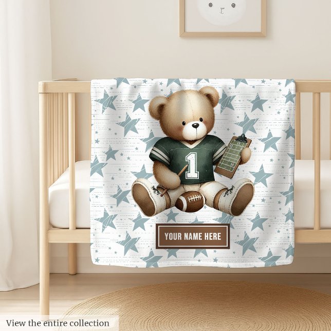 Charming American Football Teddy Bear Baby Gift Fleece Blanket (Adorable teddy bear football blanket, custom and perfect boy birthday gift for toddlers.)