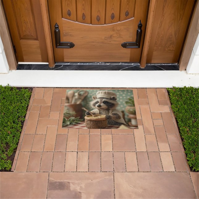 Charming and Cute Raccoon Chef Stirring a Bowl Doormat (Outdoor)