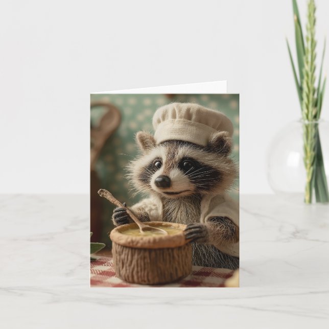 Charming and Cute Raccoon Chef Stirring a Bowl Holiday Card (Front)