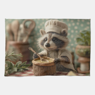 Charming and Cute Raccoon Chef Stirring a Bowl Kitchen Towel