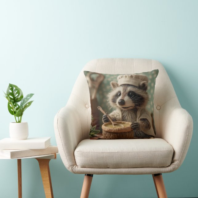 Charming and Cute Raccoon Chef Stirring a Bowl Throw Pillow (Chair)