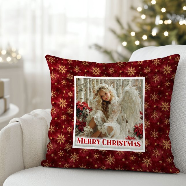 Charming Angel Poinsettia Red Gold Festive Christm Throw Pillow (Charming Angel Poinsettia Red Gold Festive Christmas Pillow

)