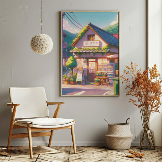 Charming Anime-Style Local Shop Art 90s Nostalgic  Faux Canvas Print