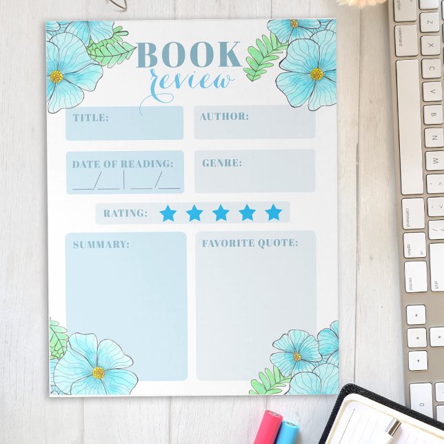 Charming Aqua Blue Watercolor Floral Book Review Notepad (Creator Uploaded)