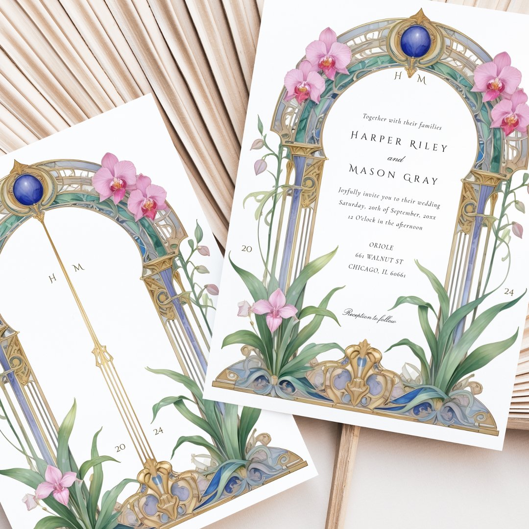 Charming Art Nouveau Orchids Floral Wedding                    Invitation