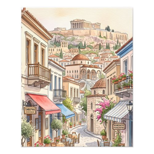 Charming Athens Greece Street Watercolor Photo Print