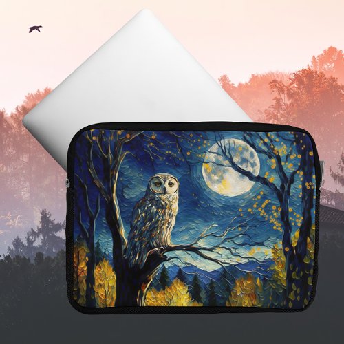 Charming Autumn Night Wise Owl and Full Moon _  Laptop Sleeve